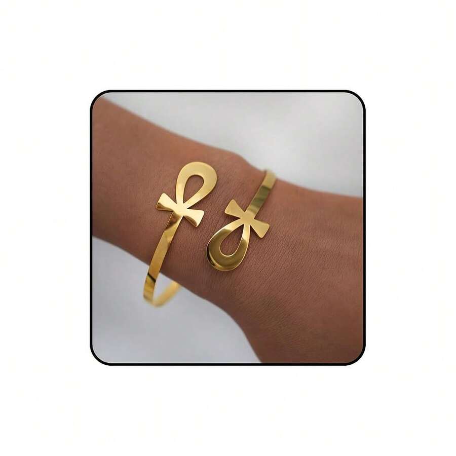 JWIGP Ankh Cross Adjustable Ring – Gold Plated Chunky Statement Band, Egyptian Sym.Bol Jewelry, Stainless Steel Spiritual Thumb Index Midi Retro Vintage Fashion Accessory For Women Men - 金安卡手鐲 - 查看 1
