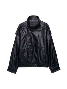 女士时尚仿皮夹克，长袖带口袋和拉链，复古高街新款外套 - 黑色 - 查看 11