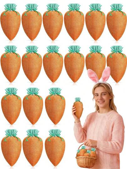 4pcs-Easter Carrot Shaped Linen Bags - With Drawstring Design, Easter Packaging Bag, Decorative Irregular Bags Suitable For Easter Egg Hunt Parties, Foodie Packaging, Babyshowers And Spring Birthday Party Gifts, Outdoor Party Favor Supplies, Carrot Shape Ideal For Carrot Themed Celebrations
