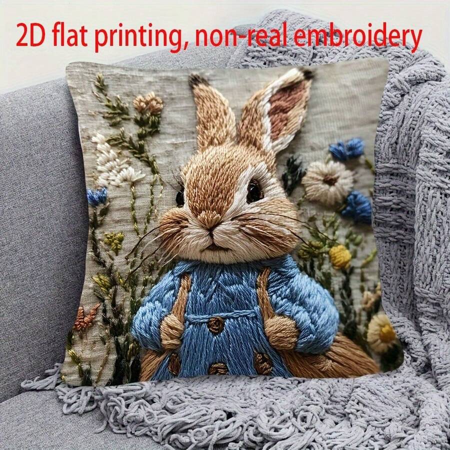 1pc Rabbit Decorative Pillow Cover, 2D Printed Not Embroidered, Vintage Rabbit & Floral Pattern, Zipper Closure Plush-Like Cushion Cover, Suitable For Bedroom Decor | Vintage Style | Easter Decor, Machine Washable For All Seasons, Fits Sofa, Bed, Car Seat - Multicolor - View 1