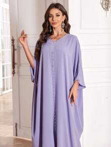 Women's Elegant Long Dress With Crystal Bat Wing Sleeves, Light Purple, Suitable For Vacation - Mauve Purple - View 5