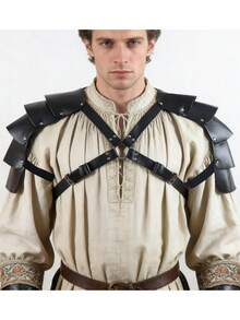 中世纪维京骑士PU皮革可调节X型胸甲，LARP万圣节肩甲，派对角色扮演肩甲 - 黑色 - 查看 1