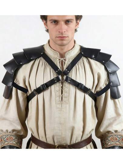 Medieval Viking Knight PU Leather Adjustable X-Shaped Body Chest Harness, LARP Halloween Shoulder Armor, Party Cosplay Shoulder