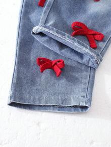 女童街头时尚休闲背心套装（含3D蝴蝶结上衣和做旧牛仔裤），夏季穿搭 - 酒紅色 - 查看 5