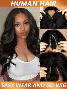 180% Density Natural Glueless V-Part Long Wavy V-Part Half Wig, Upgraded Glueless U-Part Wig, Full Head Clip-In Hair Extensions - Natural Black - View 2