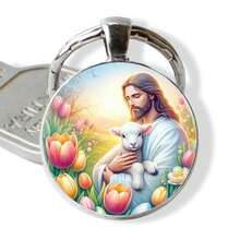 “复活节耶稣钥匙扣 - 2D 平面玻璃时光宝石，带有复活蛋和羔羊图案，复活节基督教宗教礼物，他已复活纪念品” - 彩色 - 查看 4