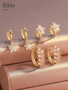 Hihho Set de 6 piezas de aretes tipo cuff con flores y espigas minimalistas con circonita cúbica brillante, un regalo de joyería de lujo - Dorado - Ver 2