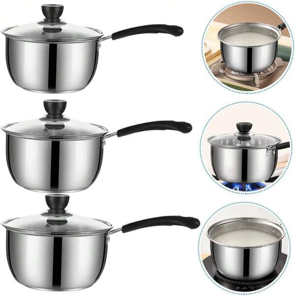 3pcs Stainless Steel Cooking Pot Set, With Glass Lid - Fast Heating, Saucepan Set, Stainless Non Stick Induction New Deep Saucepan Sets Pots Pans For Efficient Cooking, Dishwasher Suitable, Compatible With All Stovetops