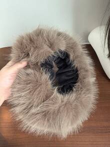 1 件优雅纯色涤纶仿皮草装饰保暖防风帽，马尾辫孔，厚耳保护蒙古保暖渔夫帽，秋冬 - 無頂帽 - 查看 8