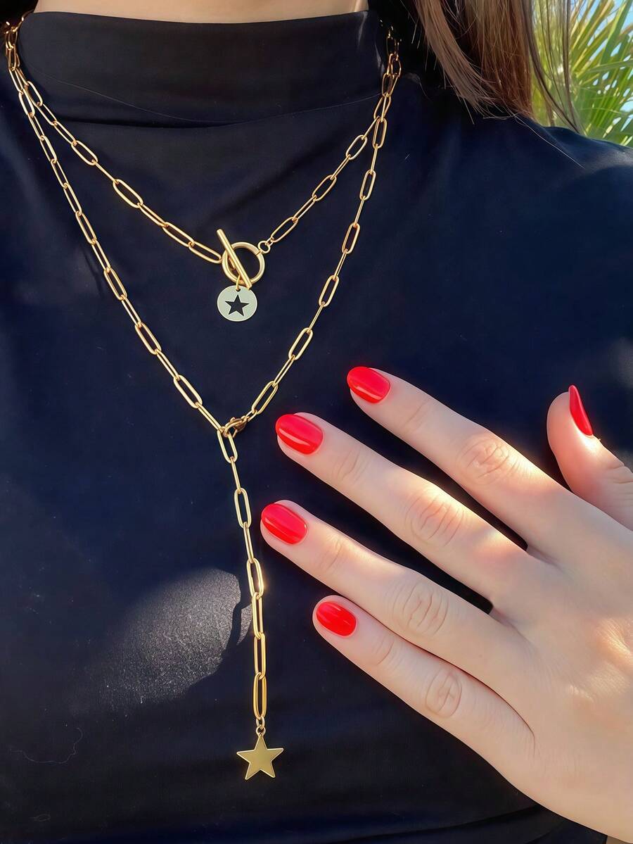 2pcs Delicate Star Pendant Adjustable Y-Necklace, Suitable For Women's Daily, Date, Party Wear (No Box) - Yellow Gold - View 1