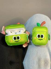 1个趣味树叶绿苹果表情耳机盒，适用于 Pro第三代、新款第四代、第二代、1/2代，情侣款设计，防摔耳机盒（不含耳机） - 綠色 - 查看 1