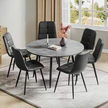 Gray Table + 6 Black PU Chairs