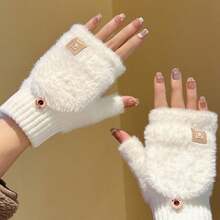 女士毛绒露指手套，冬季翻盖保暖手套，加厚可爱小熊图案柔软打字办公毛绒手套，学生款 - 彩色 - 查看 2