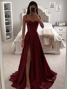 Elegante Vestido de Noche Formal para Fiesta Romántico Sexy con Cintura Entallada Abertura Alta y Tirantes Finos para Boda - Burdeos - Ver 5