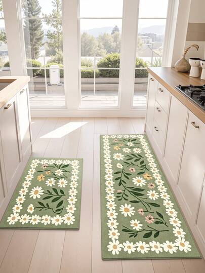 1pc Vintage Green Floral Kitchen Mat, Long Runner Rug Suitable For Bathroom, Kitchen, Outdoor, Indoor, Hallway, Bedroom, Living Room, Machine Washable Kitchen Carpet Accessory