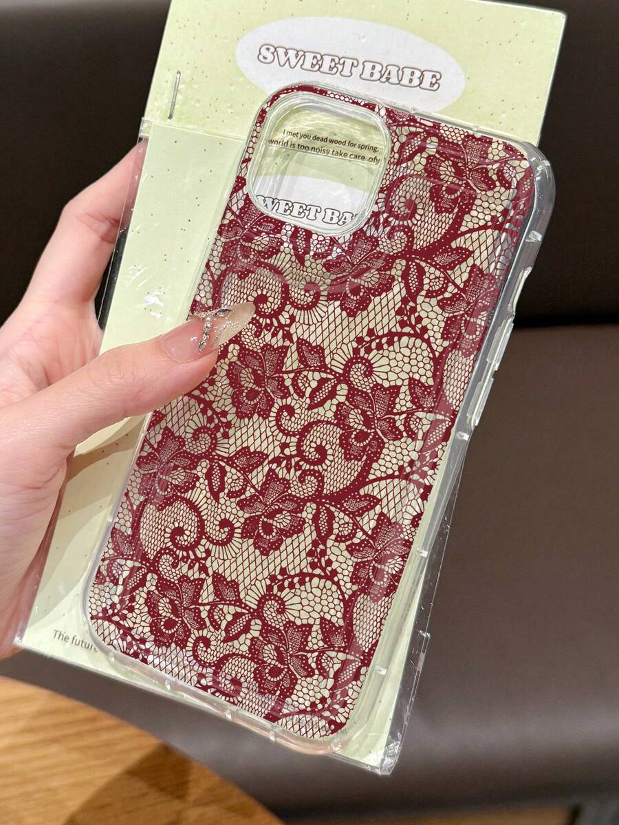 1pc Romantic Lace Pattern Soft Transparent Airbag Phone Case, Compatible With IPhone 11/12/13/14/15/16 Pro Max - Multicolor - View 1