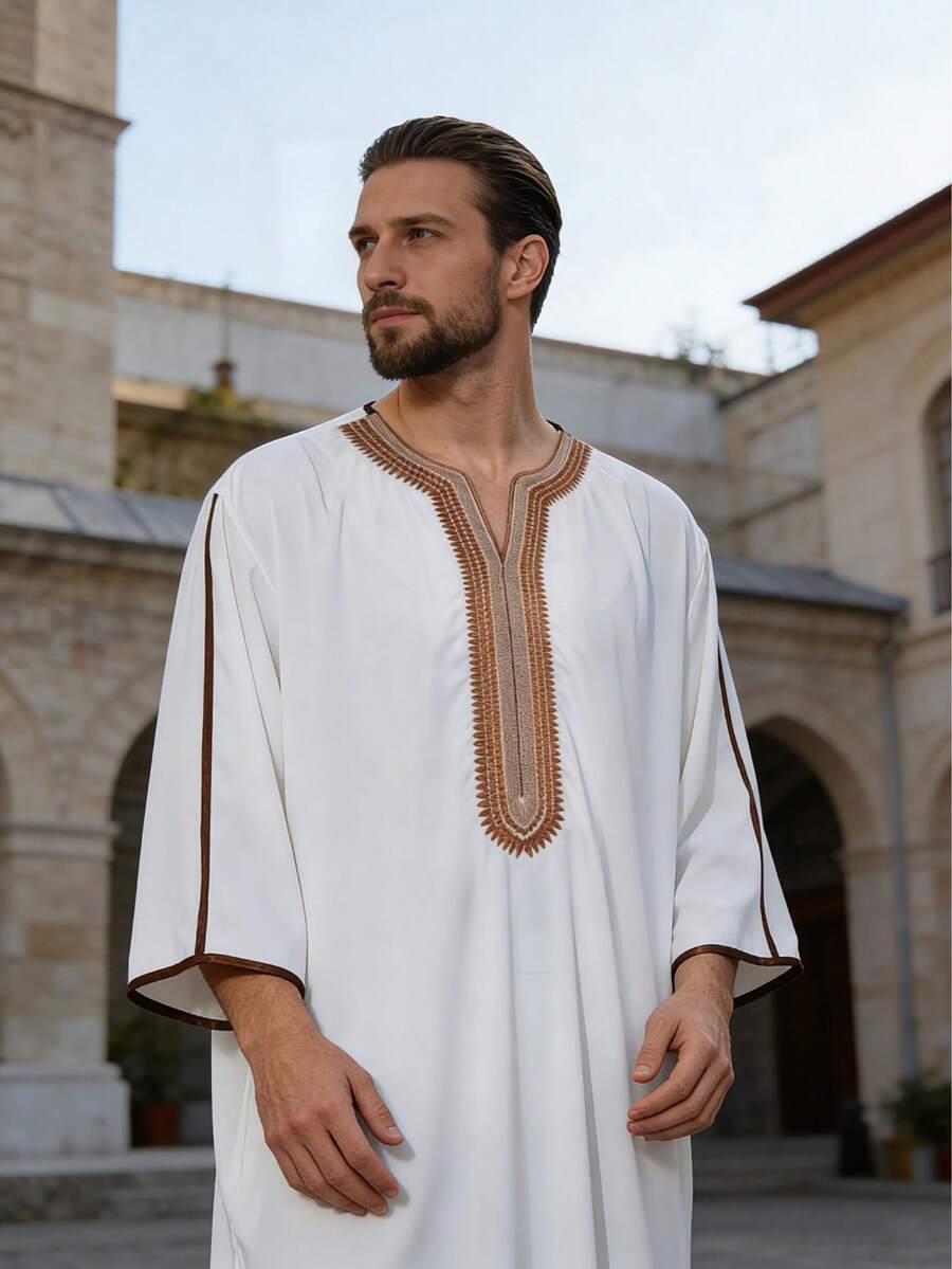 Bata bordada para hombres en Eid, Tobe marroquí, Tobe de unicolor, Gandura de punto para hombres, Bata tradicional árabe Gandura para hombres - Blanco - Ver 1