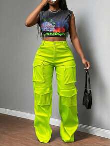 Plus-Size Women's High-Waist Wide-Leg Cargo Pants, Featuring Bold Multi-Pocket Multifunction Design, Perfect For Street Style And Festival Looks - Màu xanh chanh - Xem 8