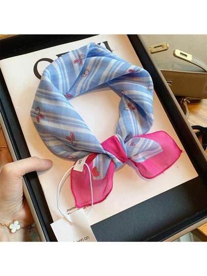 1pc Blue Striped Original Cartoon Cute Cherry Rabbit Small Square Scarf For Women, Versatile Thin Neckerchief, Hair Scarf, Head Wrap, Spring & Autumn