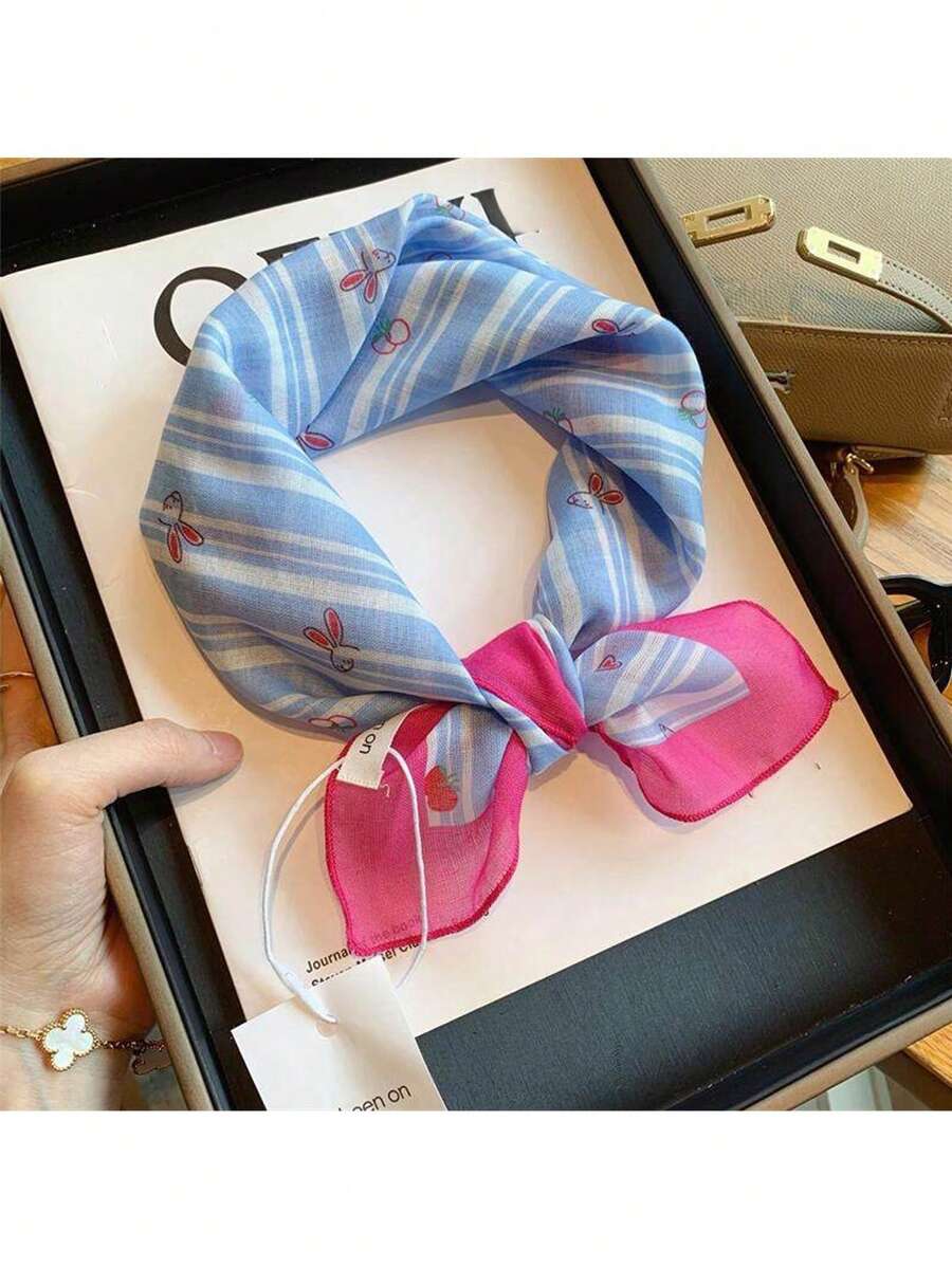 1pc Blue Striped Original Cartoon Cute Cherry Rabbit Small Square Scarf For Women, Versatile Thin Neckerchief, Hair Scarf, Head Wrap, Spring & Autumn - Beige - View 1