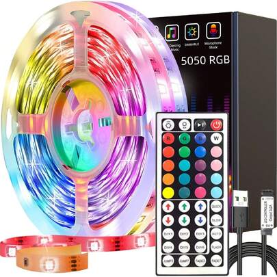 RGB 5050 LED Strip Light, USB Powered, Color Changing, With 44-Key Remote Control, Suitable For Bedroom, Party, Home Decor