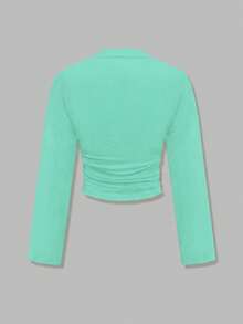 Nueva blusa elegante de manga larga con cuello redondo y volantes de unicolor, adecuada para vacaciones, citas, escuela, viajes y uso diario en primavera - azul - Ver 7