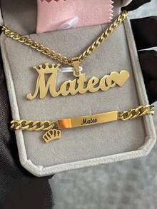 1pc New Custom Name Set Jewelry Stainless Steel Love Crown Name Pendant Engraved Name,18k Gold Electroplated Stainless Steel, Teen/Boy/Girl Bracelet Necklace Set - Multicolor - View 10