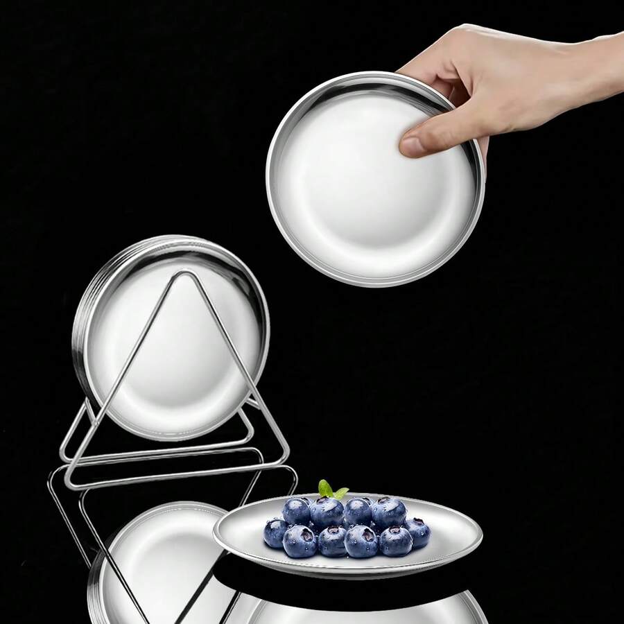 6件/12件韩国不锈钢餐具套装，包括5.51英寸圆形带杯垫餐盘、银色沙拉盘、烧烤主菜盘、碎屑和骨头盘、甜点盘、小吃盘、情人节版、嘉年华版、科隆嘉年华版、复活节版和婚礼版。 - - - 查看 1