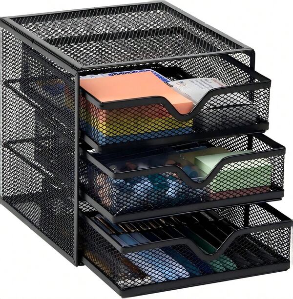 Storage Set, 3-Drawer Accessories Organizer, Desk Accessories, Memo Clip Holder, Paper/Folder Storage Basket, Desktop Organizer, Metal Mesh Material, Dimensions: 6.25" L * 6.5" W * 6.5" H, Black