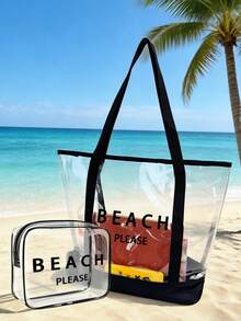 四件套沙滩手提包：印有“Beach Please”字样的透明PVC沙滩包、大容量防水INS风果冻包、春夏镂空遮阳帽、波西米亚风渔夫帽和透气针织宽檐帽。简约大容量单肩包、手提包、便携化妆包、休闲购物袋。 - 彩色 - 查看 7