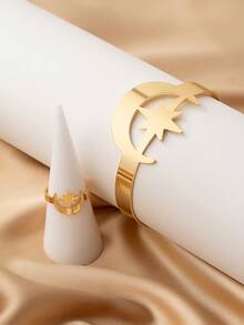 2件套时尚金属星月手链和1枚星月戒指首饰套装，独特两件套，经典朋克嘻哈风格，适合节日和派对佩戴 - 金黃色 - 查看 3