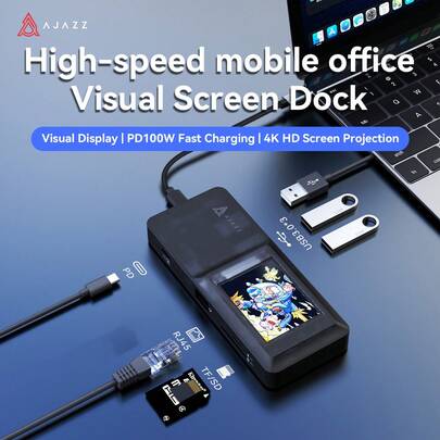  AJAZZ AKP01E 可视化触控扩展坞，5Gbps 高速传输，100W PD 快充，双 TF/SD 卡槽，8 合 1 扩展接口，支持 4K 高清镜像，可自定义动态壁纸，适用于办公、游戏、直播等场景。
