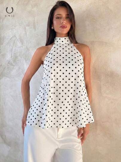 Polka Dot Halter Neck Loose Casual Batwing Cover Up, Flattering