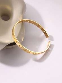 1 pieza Brazalete de mujer de acero inoxidable con números romanos huecos de color dorado, diseño geométrico abierto, joya de boda como regalo - Amarillo Oro - Ver 2