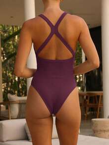 Bộ đồ liền thân dệt kim gân sọc không tay cổ chữ V hở lưng gợi cảm dành cho nữ của Muse Moon, trang phục thường ngày cơ bản không tay phong cách đường phố. - Màu đỏ tím - Xem 4