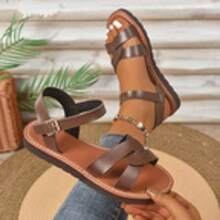 女士平底凉鞋，时尚扣带舒适宽松交叉带百搭户外简约轻便凉鞋，女士沙滩休闲凉鞋，纯色波西米亚风 - 咖啡棕 - 查看 13