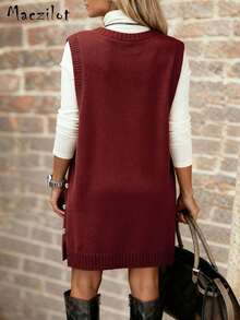 Solid Color Fashionable Streetwear Sleeveless Round Neck Vest Top With Button Design Sweater - Red - View 5