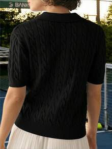 Women's Soft V Neck Short Sleeve Knit Sweater Solid Lapel Knit Casual Pullover Tops - 黑色 - 查看 3