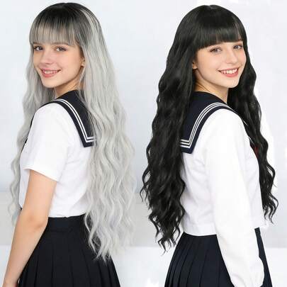 超长卷发刘海假发，适合日常派对佩戴，耐热合成动漫角色扮演假发，适合女性哥特萝莉公主装扮，双色（黑粉/黑金）、浅棕黑渐变、银灰可选，外观自然，新手友好，节日动漫展、展览及表演道具，圣诞节礼物，生日、节日、婚礼装饰。