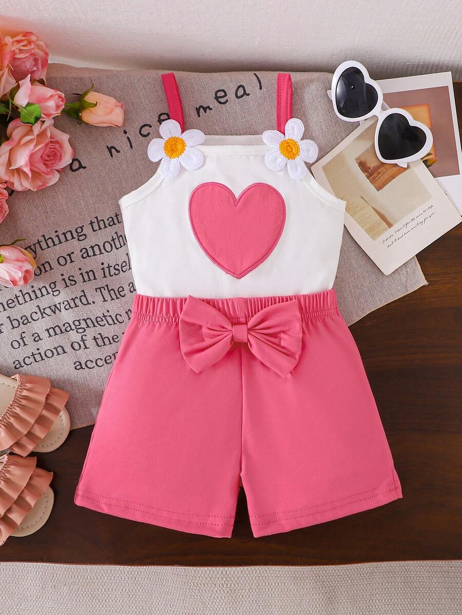 Baby Girl Daisy Strap Top With Pink Bow Shorts, Heart Accent, Cute & Fresh Outfit Set - Pink - View 1