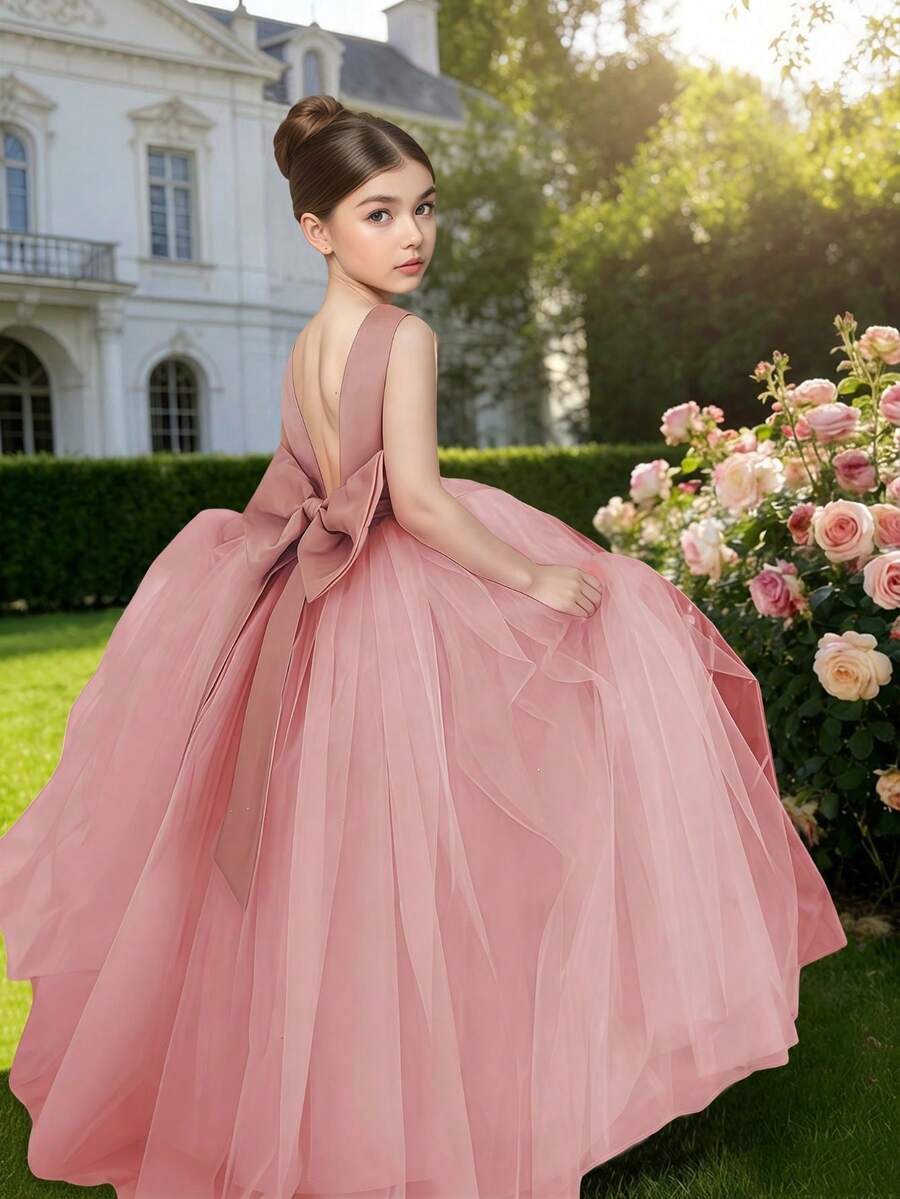 优雅粉色花朵花童裙配珍珠蝴蝶结，公主裙，适合婚礼、舞会、派对、生日、圣诞节 - 粉色 - 查看 1