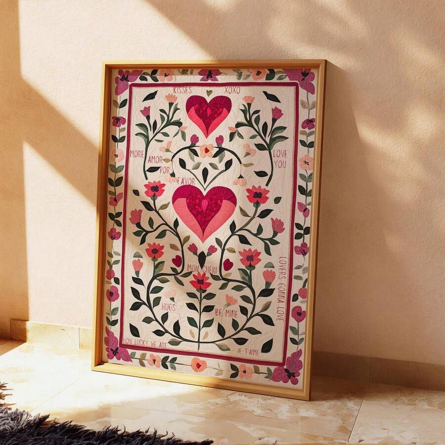 1幅复古手绘爱情主题艺术墙画装饰画，情人节海报，浪漫婚礼画，周年纪念礼物，唯美艺术，家居装饰客厅，墙面装饰，无框 - 愛心花卉 - 查看 1