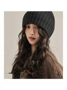 1pc Warm Loose Ear Protection Knit Hat, Thick Knit Beanie, Large Head Circumference, Unisex Autumn/Winter New Warm Loose Slouchy Beanie, Winter Warm, Unisex - A - View 1