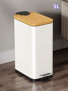 1pc 5L Large Capacity Rectangular Iron Trash Can With Bamboo Lid, Black & White Options, Pedal Open Garbage Bin For Living Room, Bathroom, Toilet - Multicolor - View 1