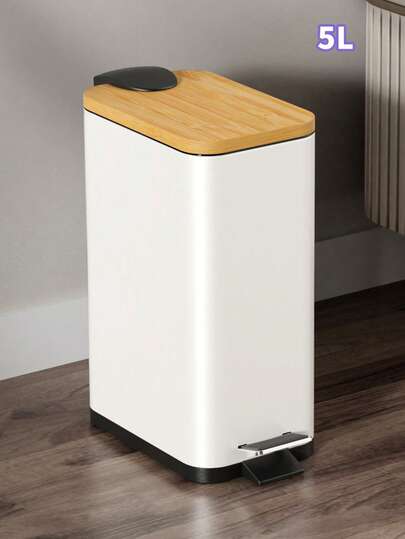 1pc 5L Large Capacity Rectangular Iron Trash Can With Bamboo Lid, Black & White Options, Pedal Open Garbage Bin For Living Room, Bathroom, Toilet