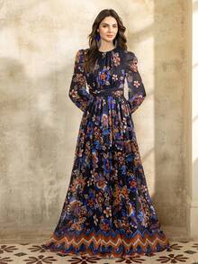 Faeriesty 优雅印花长袖晚礼服，圆领设计，收腰剪裁，A字长裙，适合婚礼宾客、正式新娘写真、盛大庆典、周年纪念晚宴和浪漫写真拍摄，度假必备派对黑色春季款 - 黑色 - 查看 4