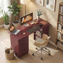 HOMCOM Computer Desk, Writing Table, PC Workstation With 3 Storage Shelves And Drawers, Silver Handle, For Home Office, White - Brown - View 7