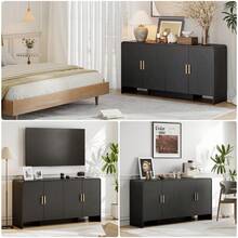 ONBRILL 60" Sideboard Buffet Cabinet With Storage, Curved Design Farmhouse Coffee Bar Cabinet With 4 Doors & Adjustable Shelves, Mid-Century Modern Sideboard Cabinet For Living Room, Kitchen, Hallway, Black - 黑色 - 查看 7