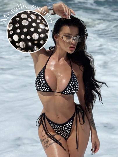 Sexy Bikini, Sequin Decor Solid Color Bohemian Elegant Sexy Backless Tie Swimsuit, Suitable For Beach, Vacation, Evening Date, Holiday