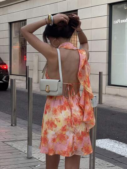 HoloChill 女士休闲撞色数码印花无袖露背短款连衣裙，2026 新款 V 领连衣裙（含领巾），夏季休闲连衣裙，假日连衣裙，优雅派对连衣裙，沙滩连衣裙，婚礼宾客连衣裙，生日连衣裙，度假连衣裙